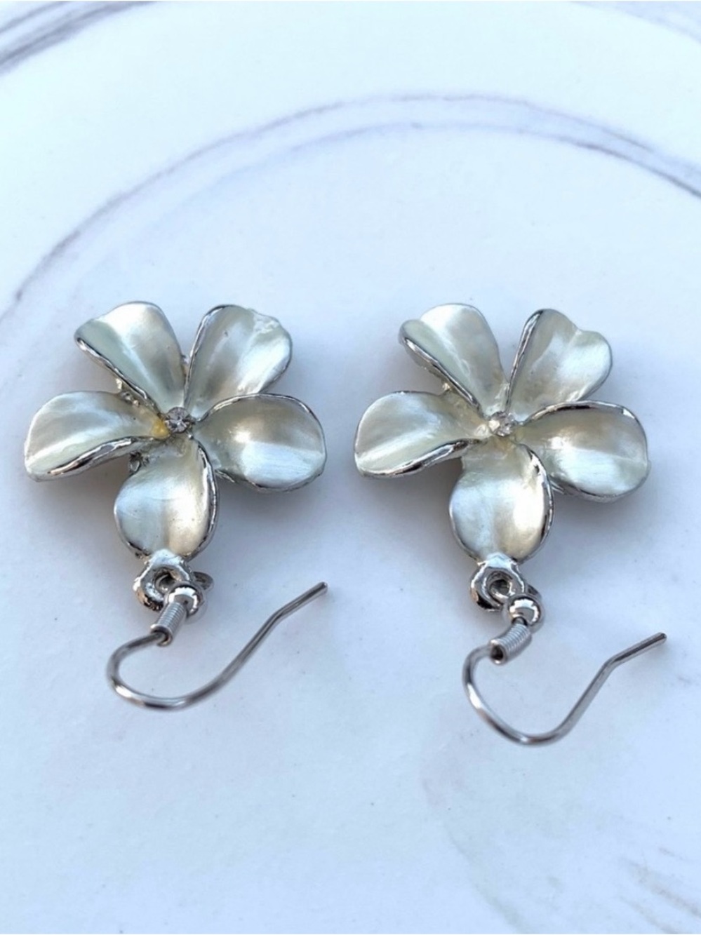 Hawaiian Plumeria Floral Silver-Tone and Crystal Dangling Earrings - Picture 3 of 4